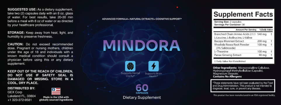 Mindora Capsules supplement facts label